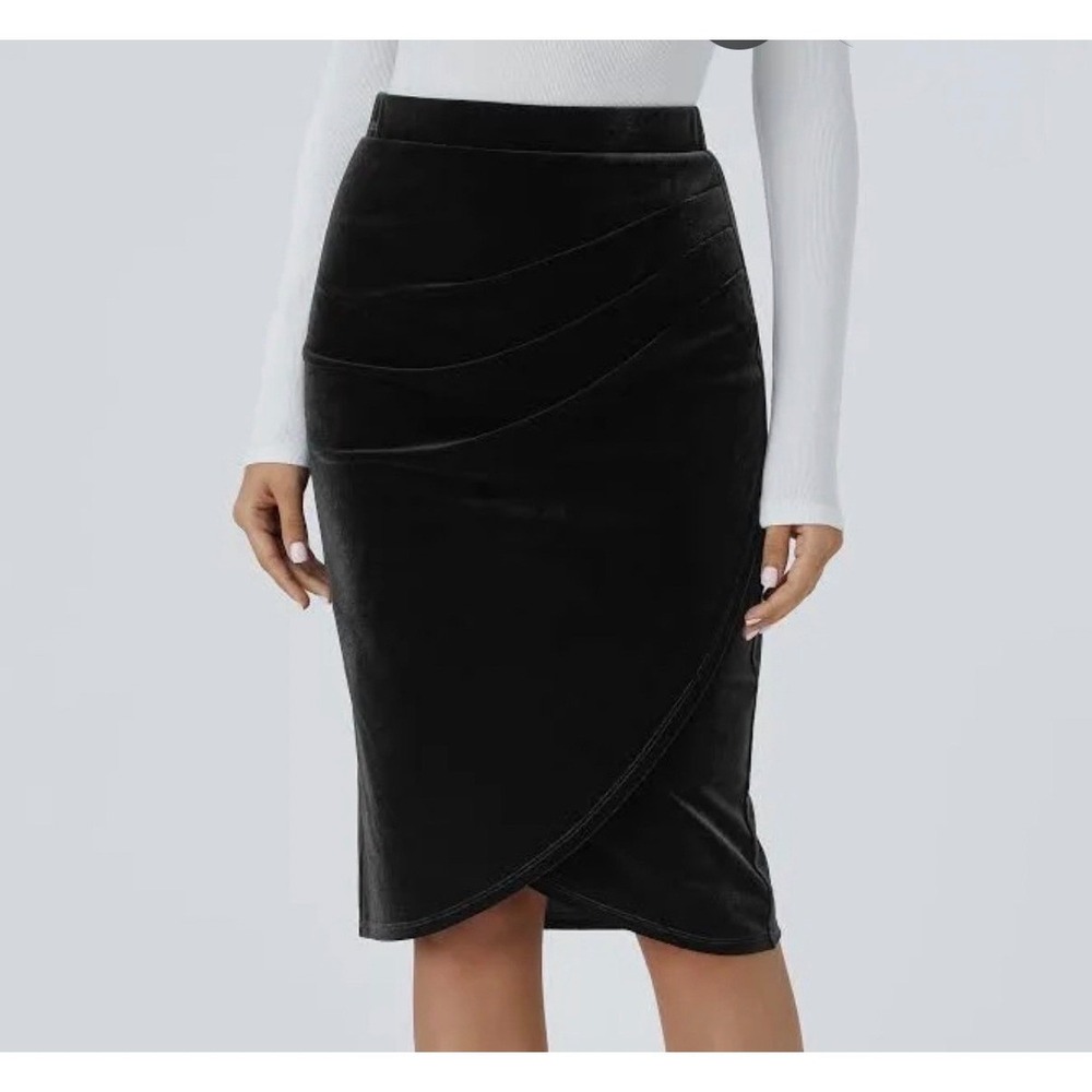 Halara Black Velvet Ruched Tulip Hem Midi Skirt Large High Waisted Bodycon Wrap